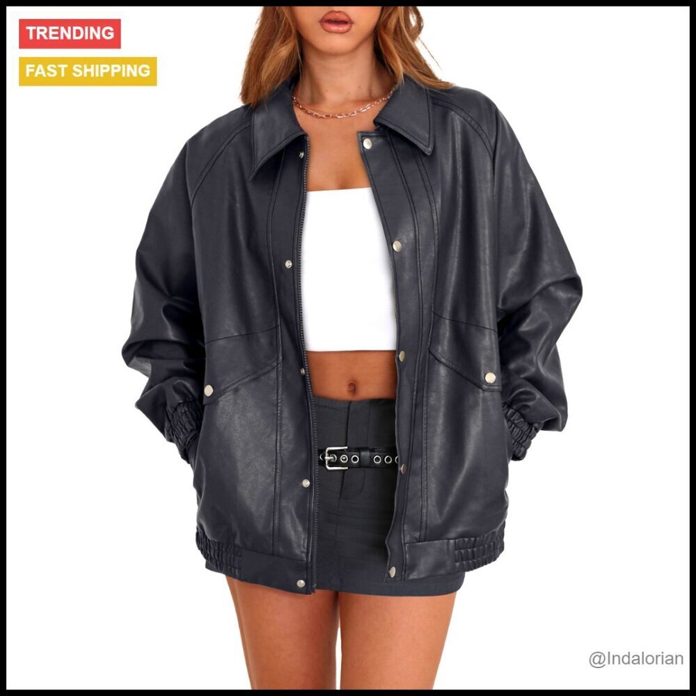 Oversized Faux Leather Motorcycle Jacket Y2K Chic Zip Up Winter Coat